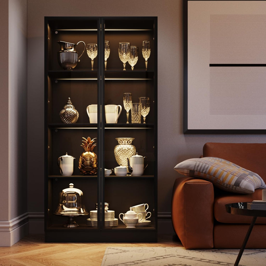 Black 4-Tier Display Cabinet with Glass Doors & Lights M9225