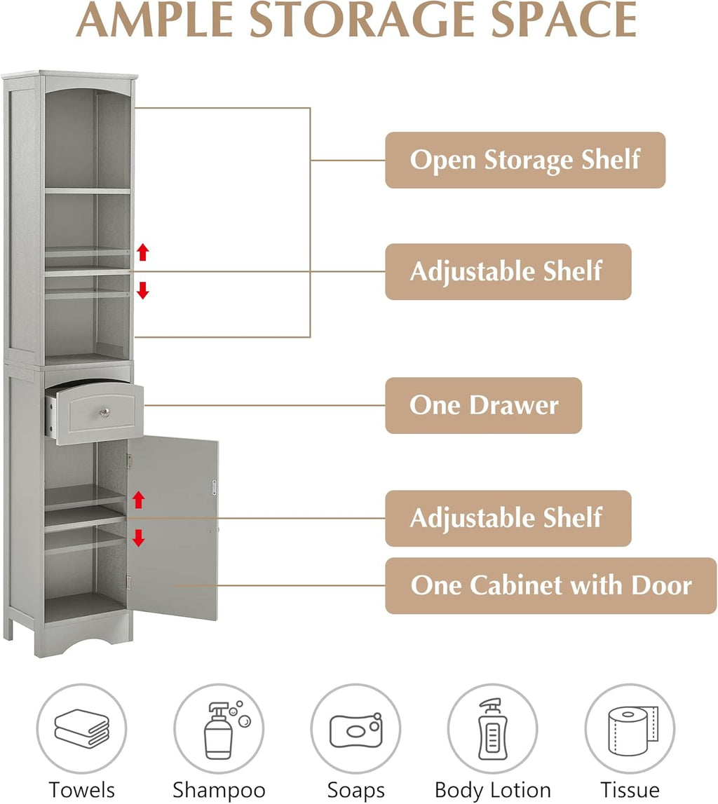 Grey Tall Slim Bathroom Storage Cabinet with 3-Tier Adjustable Shelf and 1 Drawer S365