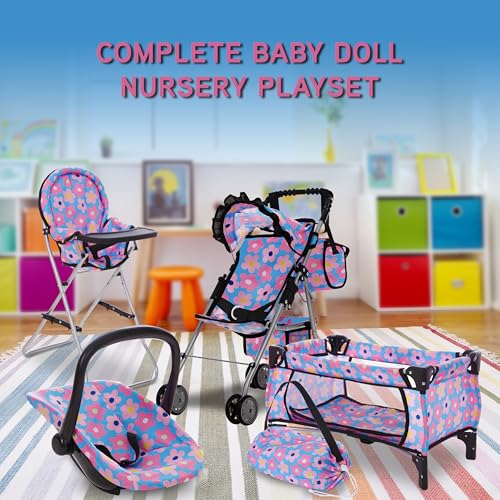 Baby Doll Stroller Bed and Seat Nursery Playset Accessories Furniture Set High Chair Diaper Bag Role Play Deluxe Set O455294