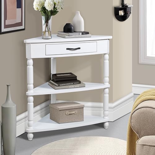 Triangle Side Table with Drawer and Storage Shelves (Milk White) T501775