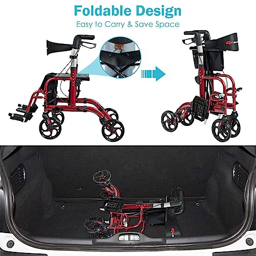 2 in 1 Folding Rollator Walker with Seat, 8-inch Wheel, Aluminium Frame T459861