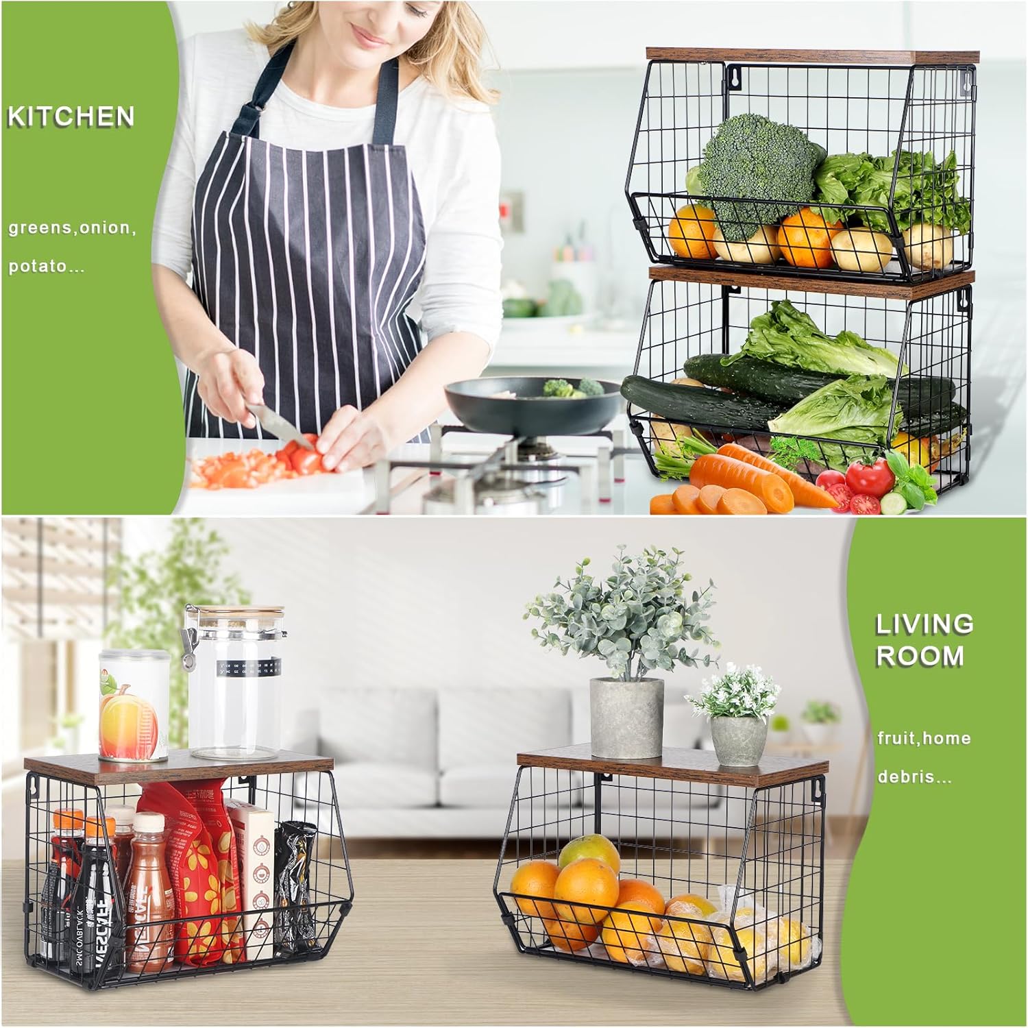 2 Tier Wire Fruit Basket with Wooden Lid M7618