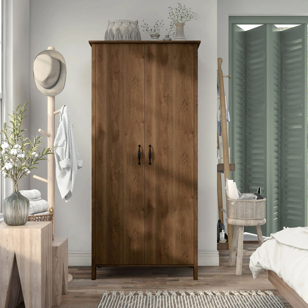 Rustic Distressed Walnut Double-door Wardrobe Closet with Shelves A683
