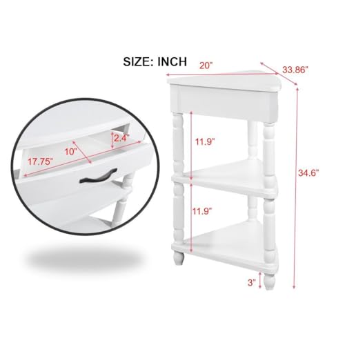 Triangle Side Table with Drawer and Storage Shelves (Milk White) T501775