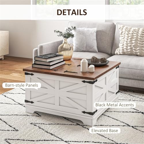 Distressed White & Brown Square Storage Coffee Table with Hinged Lift Top V924299
