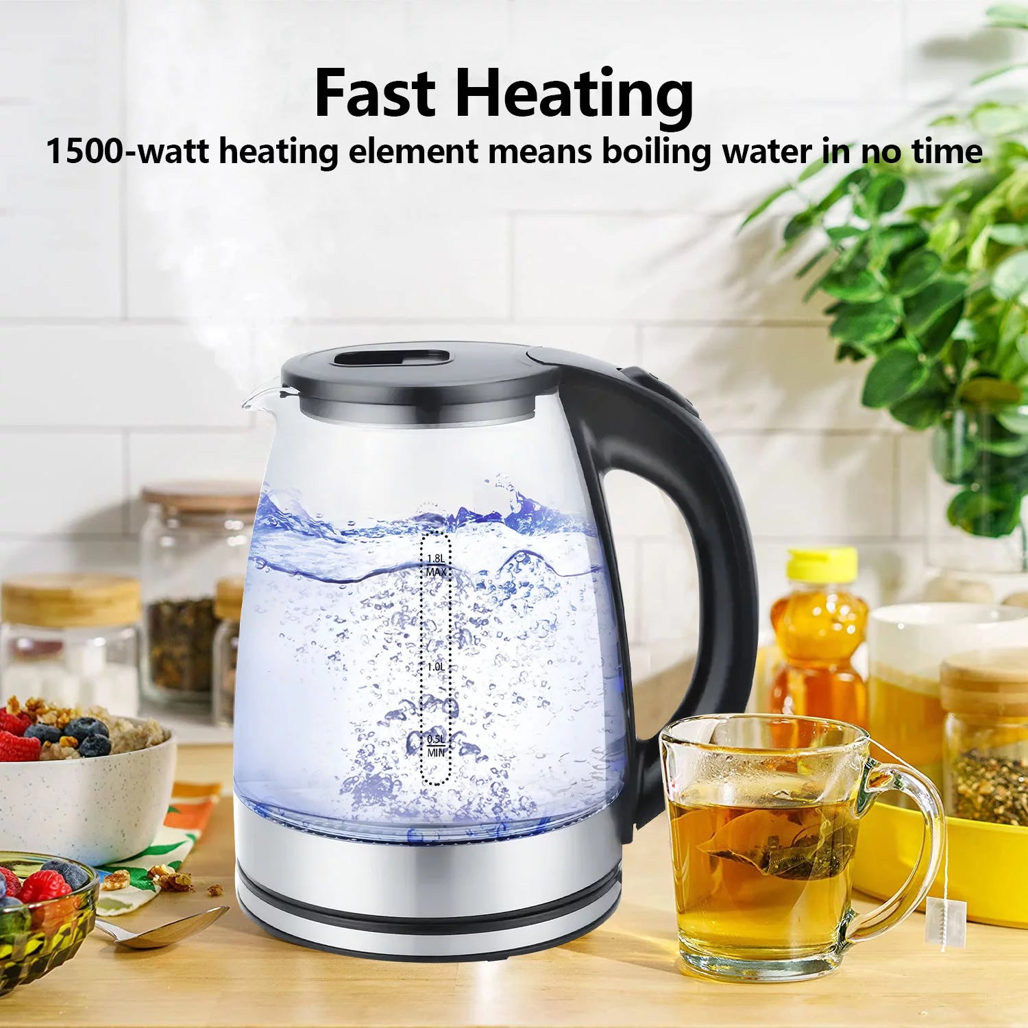 1.8 Liter Glass and Steel Electric Kettle with Auto Shut-Off U735457