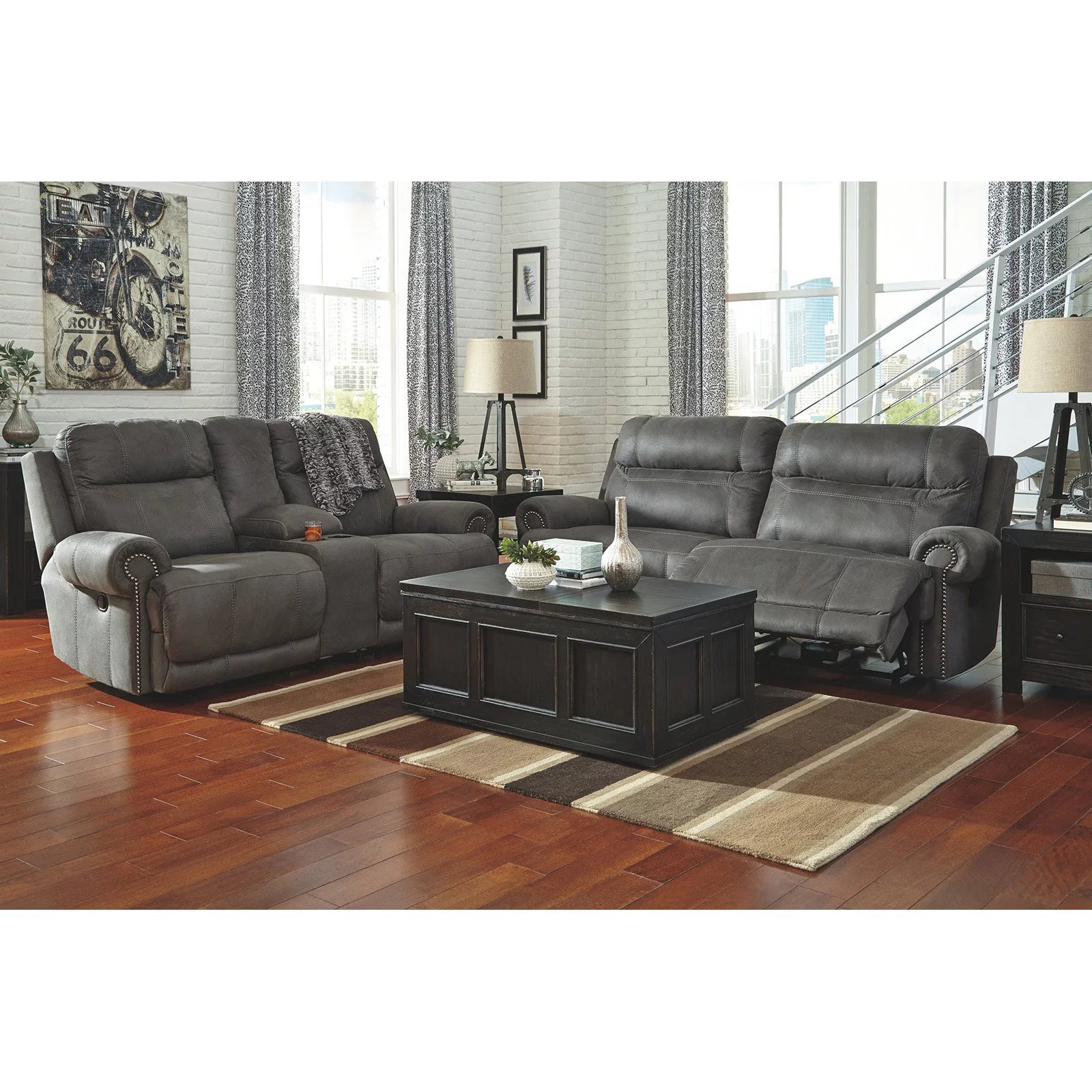 Gray Faux Leather Reclining Sofa T8594