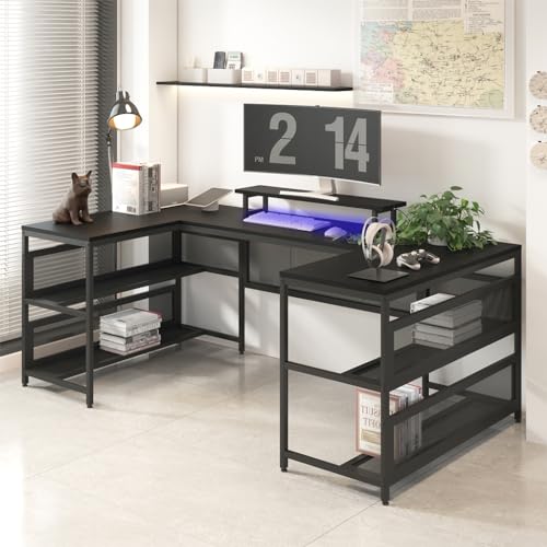 Black U Shaped 82" Computer Desk with LED Lights and Power Outlets N448910