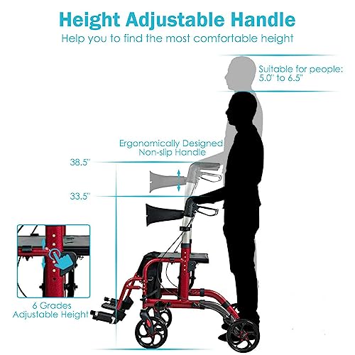 2 in 1 Folding Rollator Walker with Seat, 8-inch Wheel, Aluminium Frame T459861