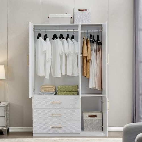 White 4 Doors 3 Drawers Wooden Closet Cabinet Wardrobe Armoire R306755