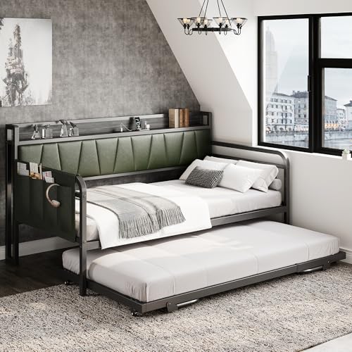 Grey Twin Daybed with Trundle Bed and Storage Headboard W66533