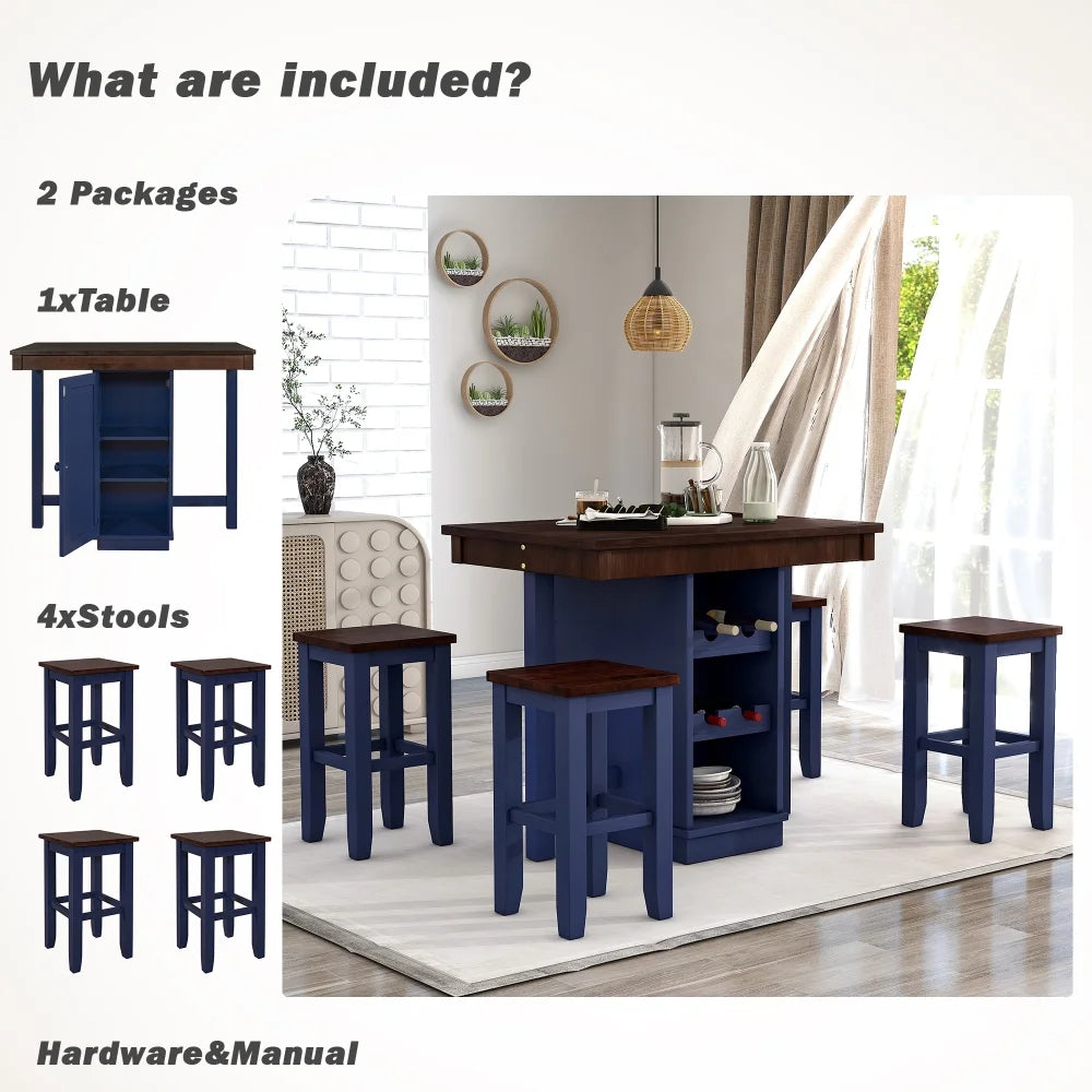Brown and Blue 5-Piece Counter Height Dining Set with 4 Stools and Square Wood Table W703