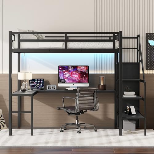 Black Full Size Gaming Loft Bed with Desk and Shelves P77710