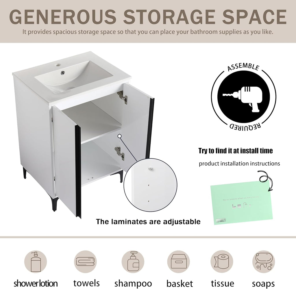 White 24 Inch Freestanding Bathroom Vanity with Ceramic Sink G1265