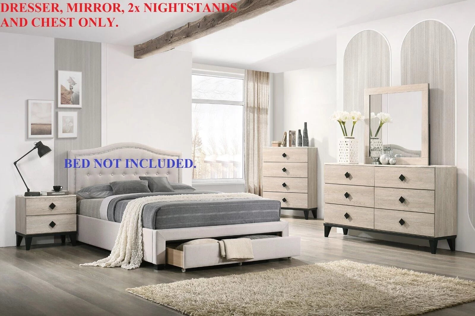 Cream Color Dresser Mirror Nightstands Chest 5pc Bedroom Set R33311