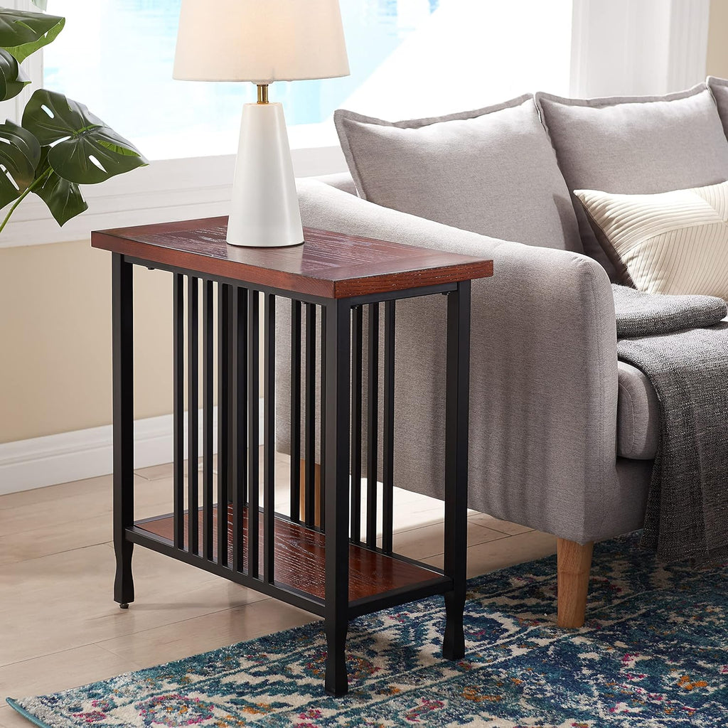 Mission Oak and Matte Black Narrow Chairside Table with Shelf R17153