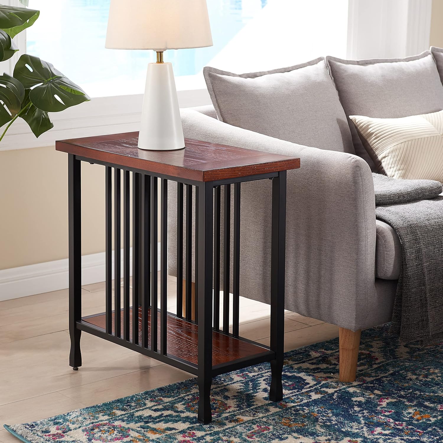 Mission Oak and Matte Black Narrow Chairside Table with Shelf R17153