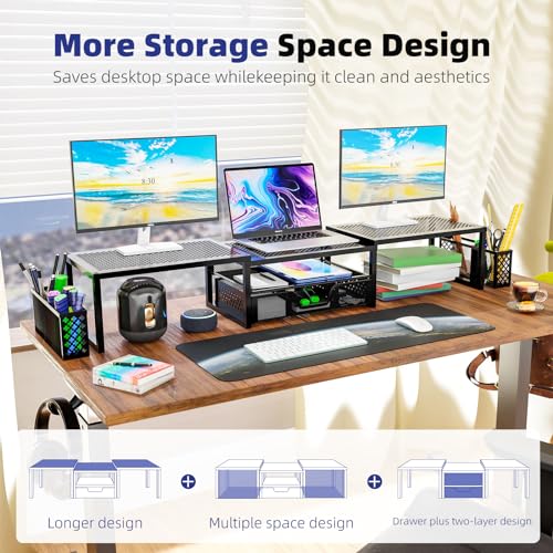 Black Dual Metal Monitor Stand Riser with Drawer and Pen Holder F8890