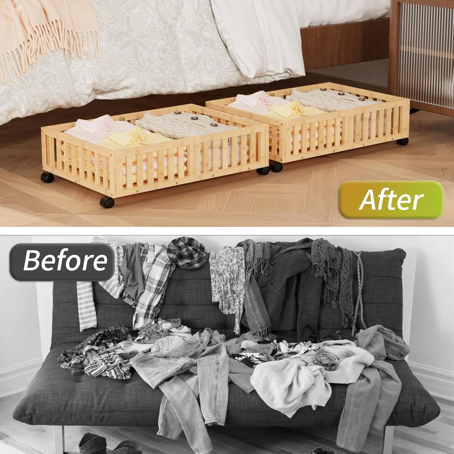 Bamboo Under Bed Storage with Wheels (2-Pack) Rolling Shoe Organizer Box D984562