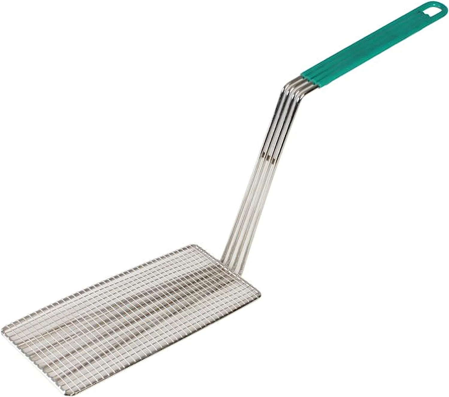 11" x 4-3/4" Rectangular Deep Fry Basket Press Heavy Duty Nickel Plated Iron with Green Coated Handle Q919383