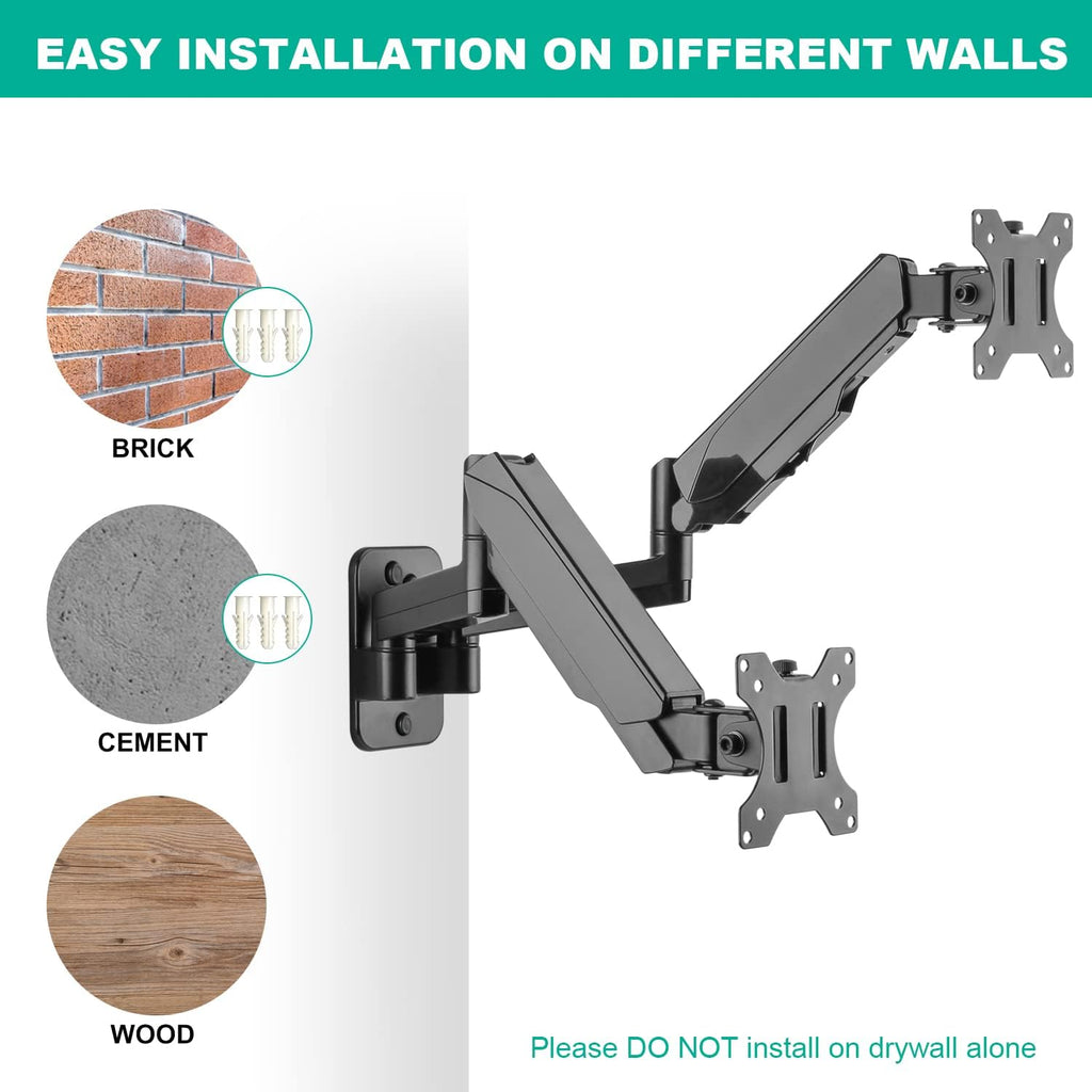 Dual Monitor Wall Mount for Two 17-32 inch Flat/Curved Screens, Height Adjustable Gas Spring, VESA 75/100 S619005