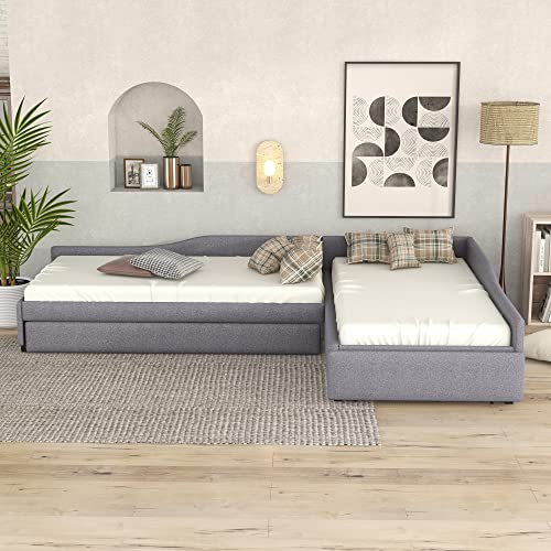 L Shaped Upholstered Double Size Daybed with Trundle and Storage Drawer, Gray Y462