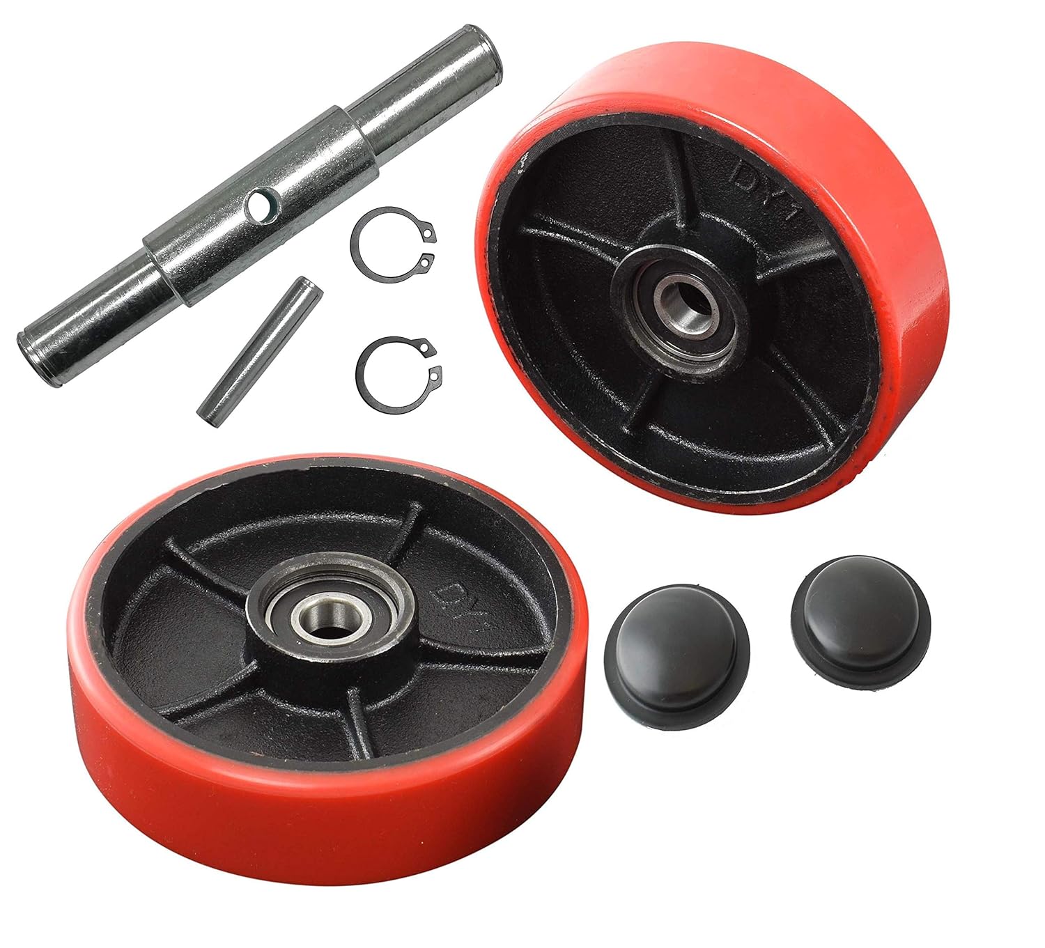 Red Poly Tread Steering Wheels Set with Axle, Fasteners and Protective Caps (4 pcs) 7 x 2 with Bearings ID 20mm S598648