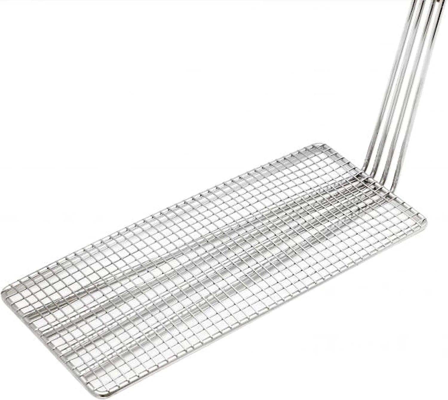 11" x 4-3/4" Rectangular Deep Fry Basket Press Heavy Duty Nickel Plated Iron with Green Coated Handle Q919383