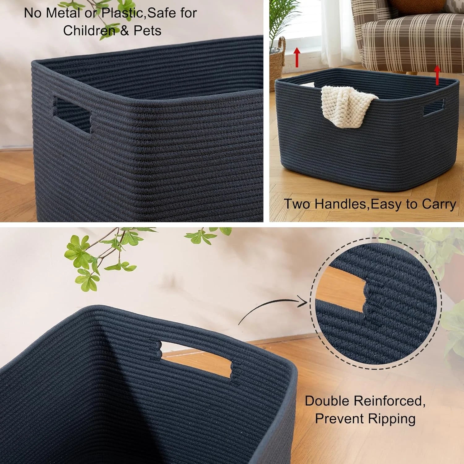 75L Large Woven Cotton Rope Blanket Storage Basket with Handle T4989