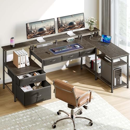 Black L Shaped Desk with File Drawers, Power Outlet & LED Lights D70872