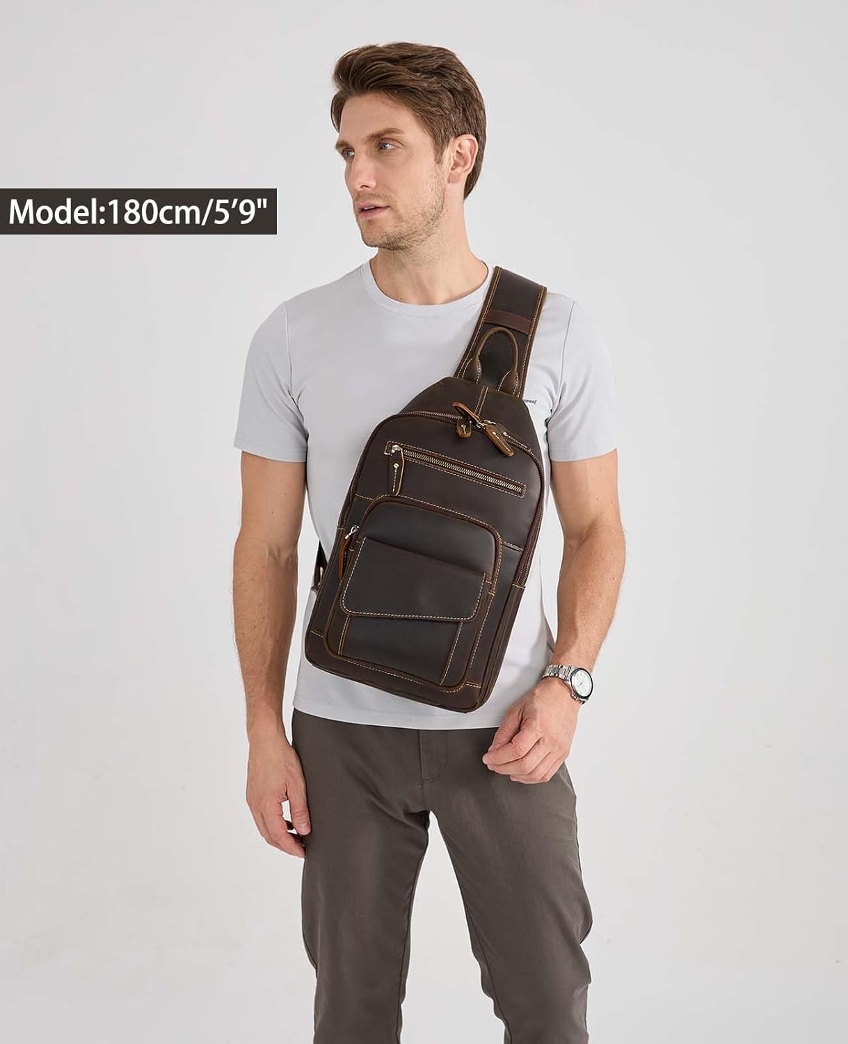 Brown Full Grain Leather Crossbody Shoulder Sling Bag K3263