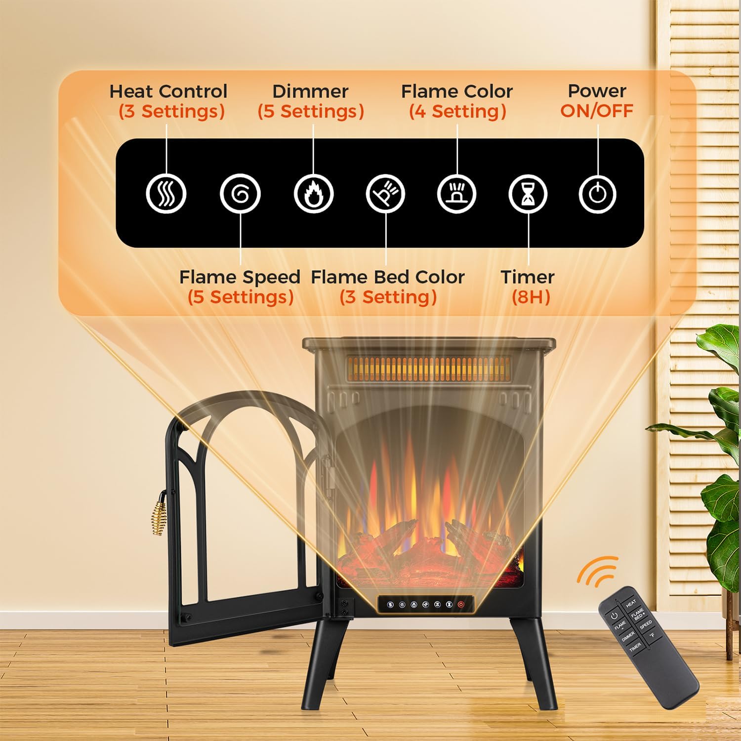 Electric Fireplace Stove, 1500W, 17" Infrared Heater, Remote Control, 8H Timer E31961