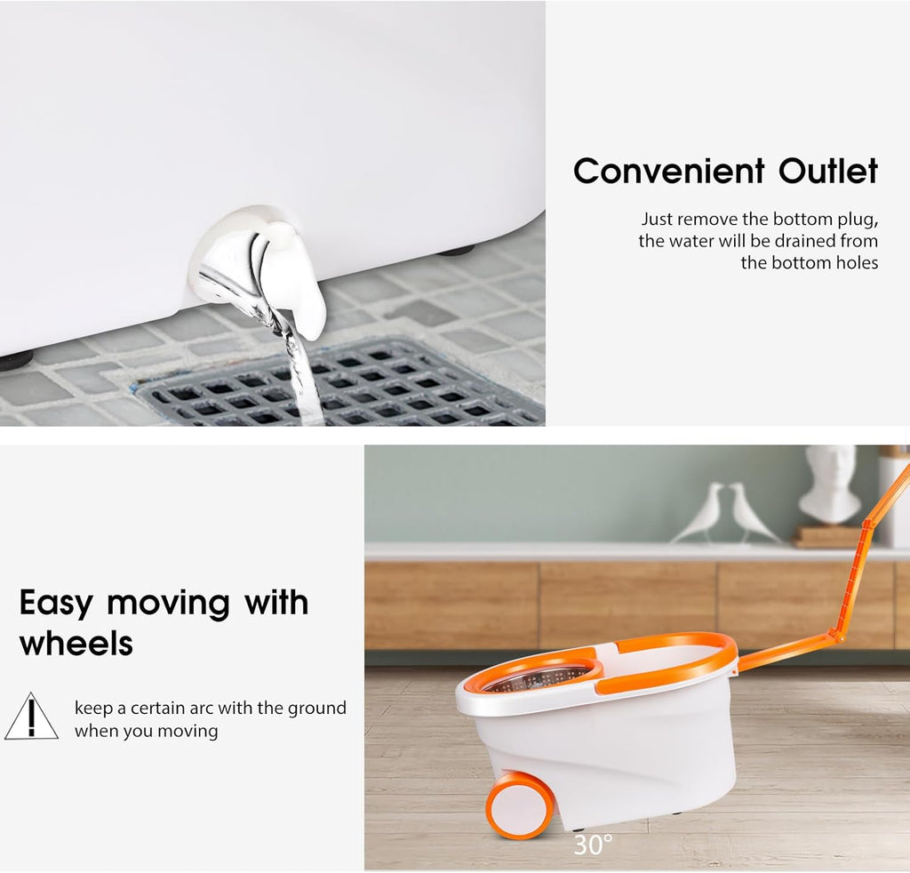 Spin Mop and Bucket with Wringer Set, 57" Adjustable Handle, Stainless Steel Bucket with 2 Wheels, 6 Microfiber Mop Pads L356601