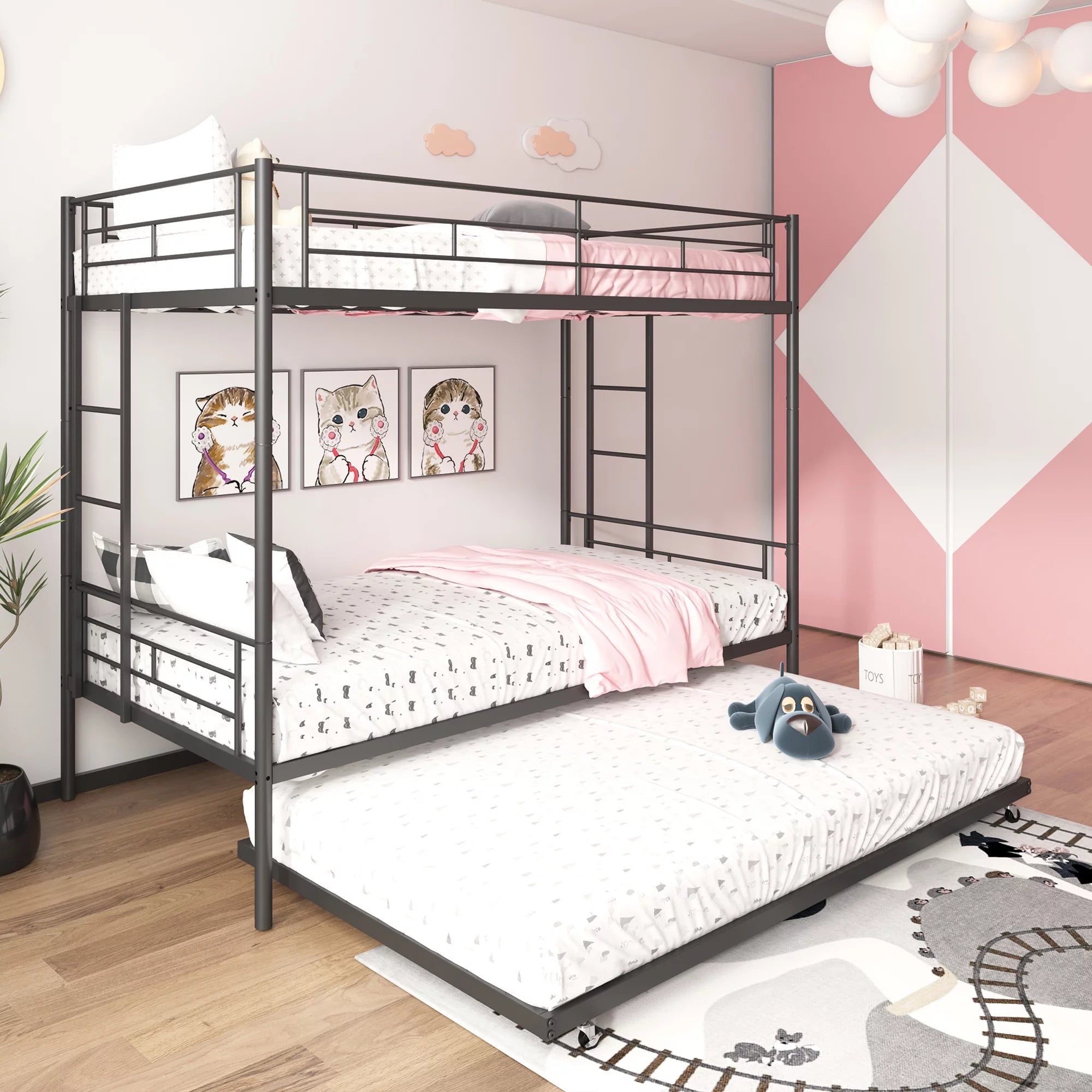 Black Twin Over Twin Metal Bunk Bed with Trundle W353