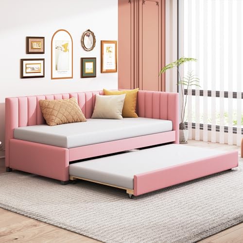 Full Size Teddy Fleece Upholstered Daybed with Trundle U440
