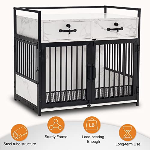 White Wooden Dog Crate End Table with Storage Drawers X227