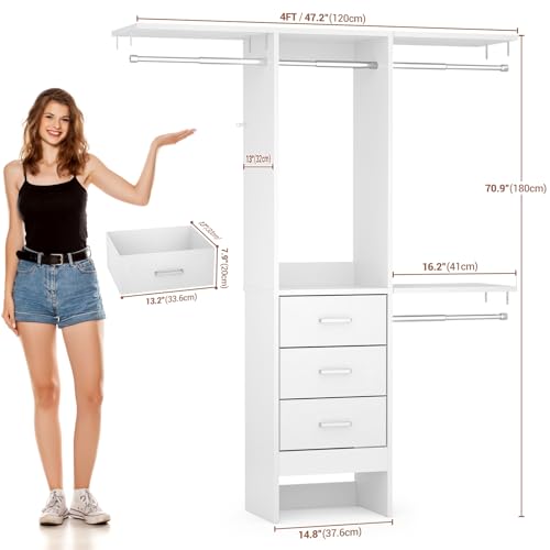 48" White Closet Organizer System with 3 Fabric Drawers and 3 Adjustable Shelves K7346