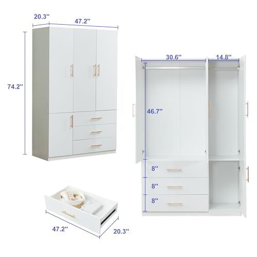 White 4 Doors 3 Drawers Wooden Closet Cabinet Wardrobe Armoire R306755