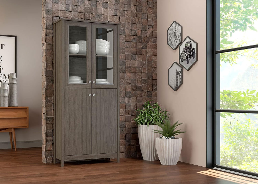 4-Door Bookcase in White with Glass and Wood J2388