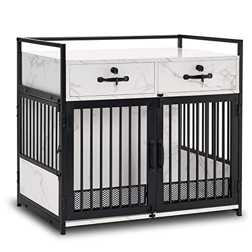 White Wooden Dog Crate End Table with Storage Drawers X227