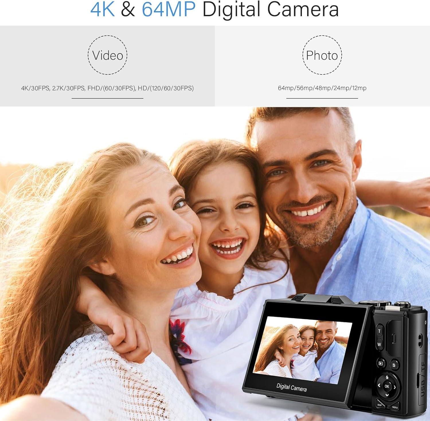 64MP 4K Digital Camera with 18X Zoom, 3.0 inch Flip Screen, 32GB SD Card, 2 Batteries H24924
