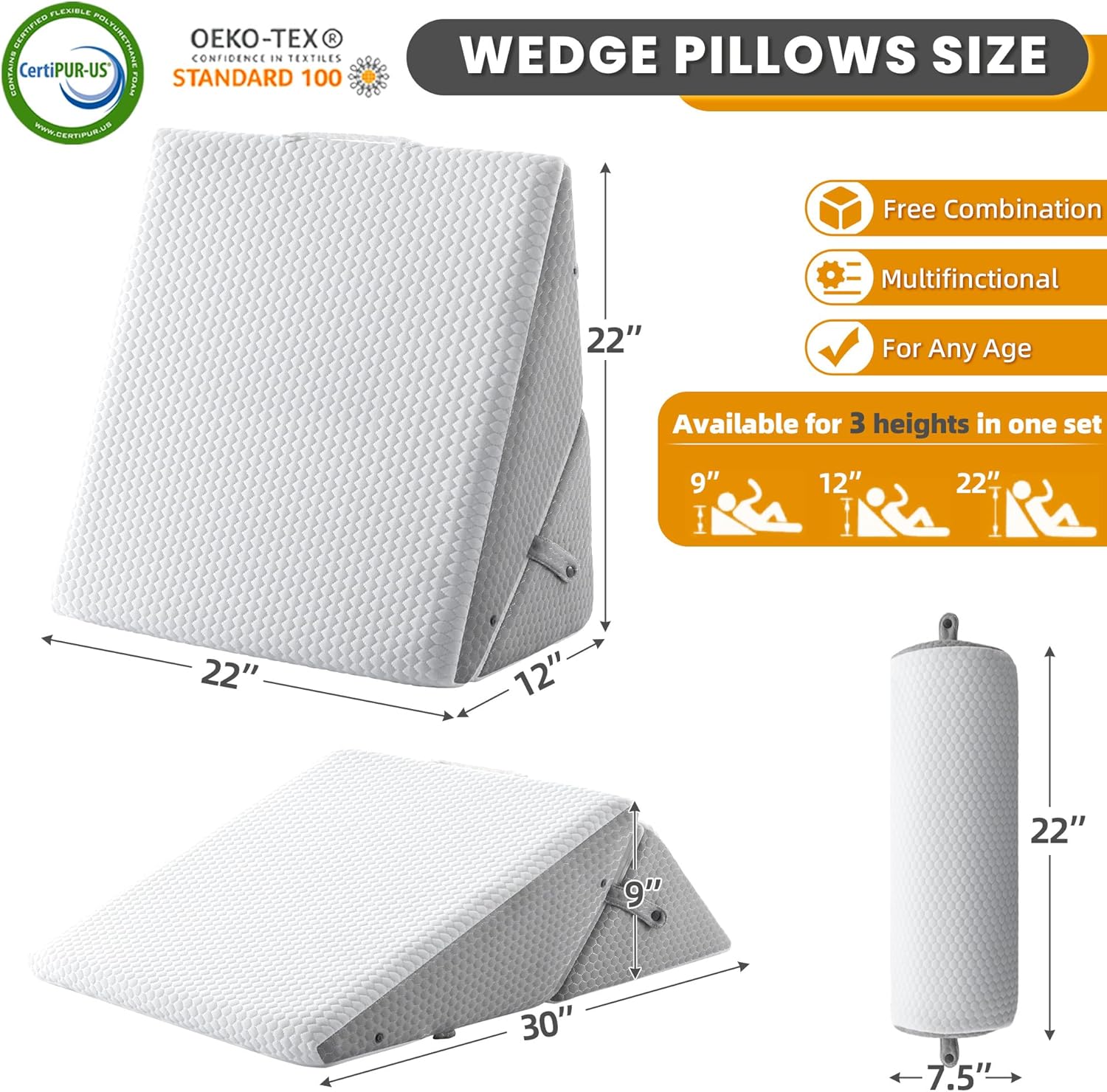 3PCS Adjustable Wedge Pillow with Memory Foam Bolster Pillow E17168