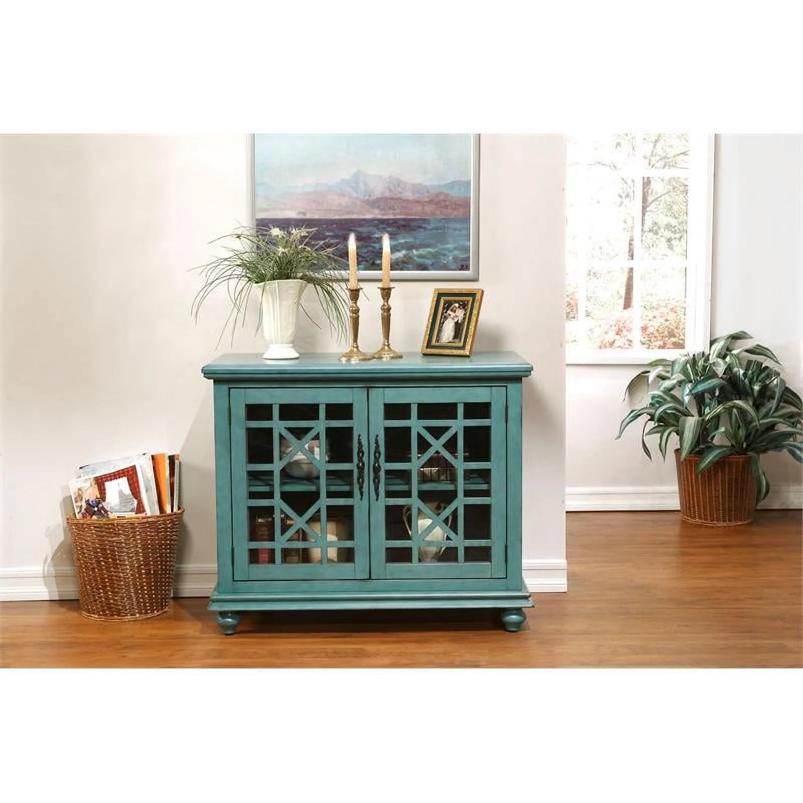 Antique Teal Green Wood TV Stand C2497