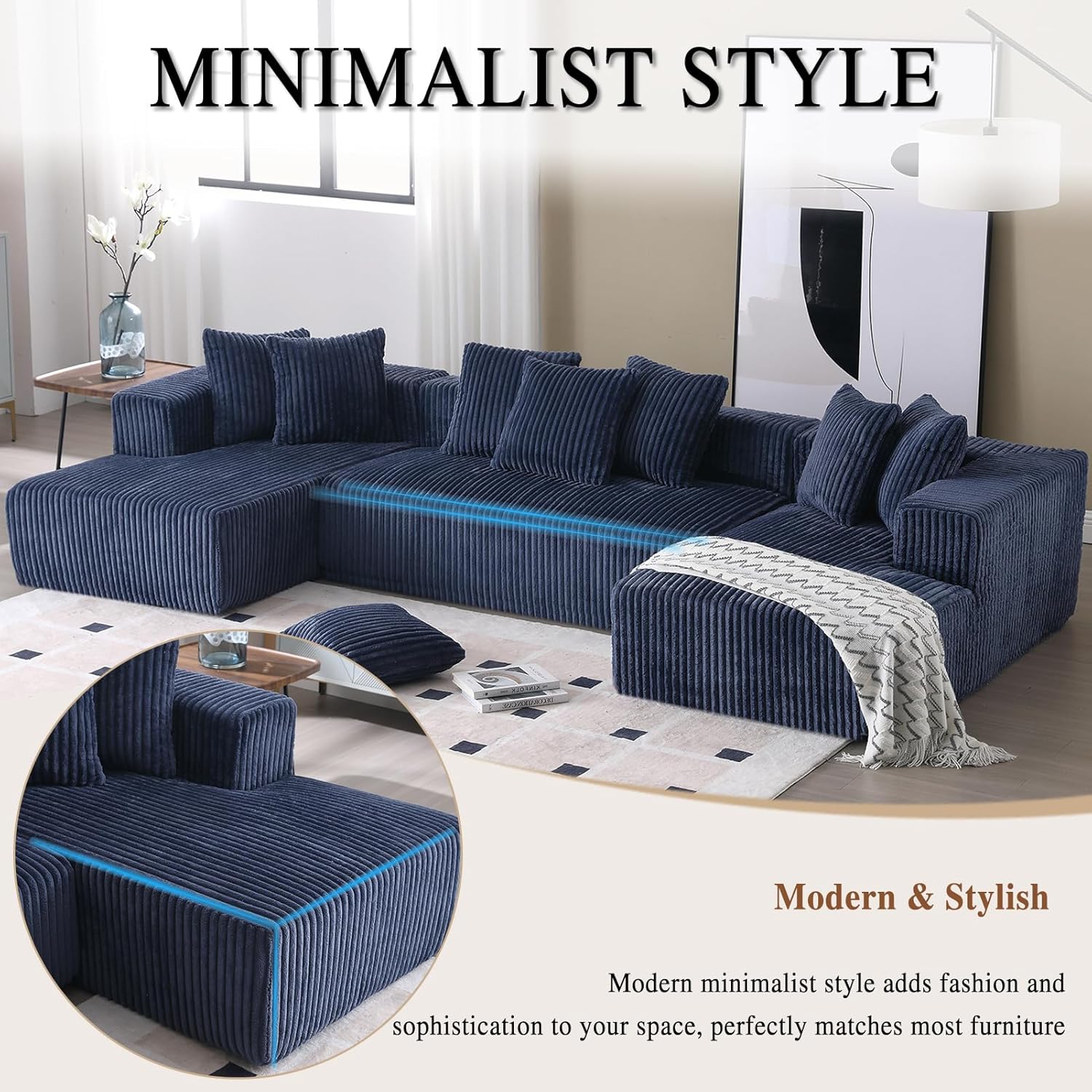 Blue Corduroy Modular Sectional Sofa with 8 Pillows P99253