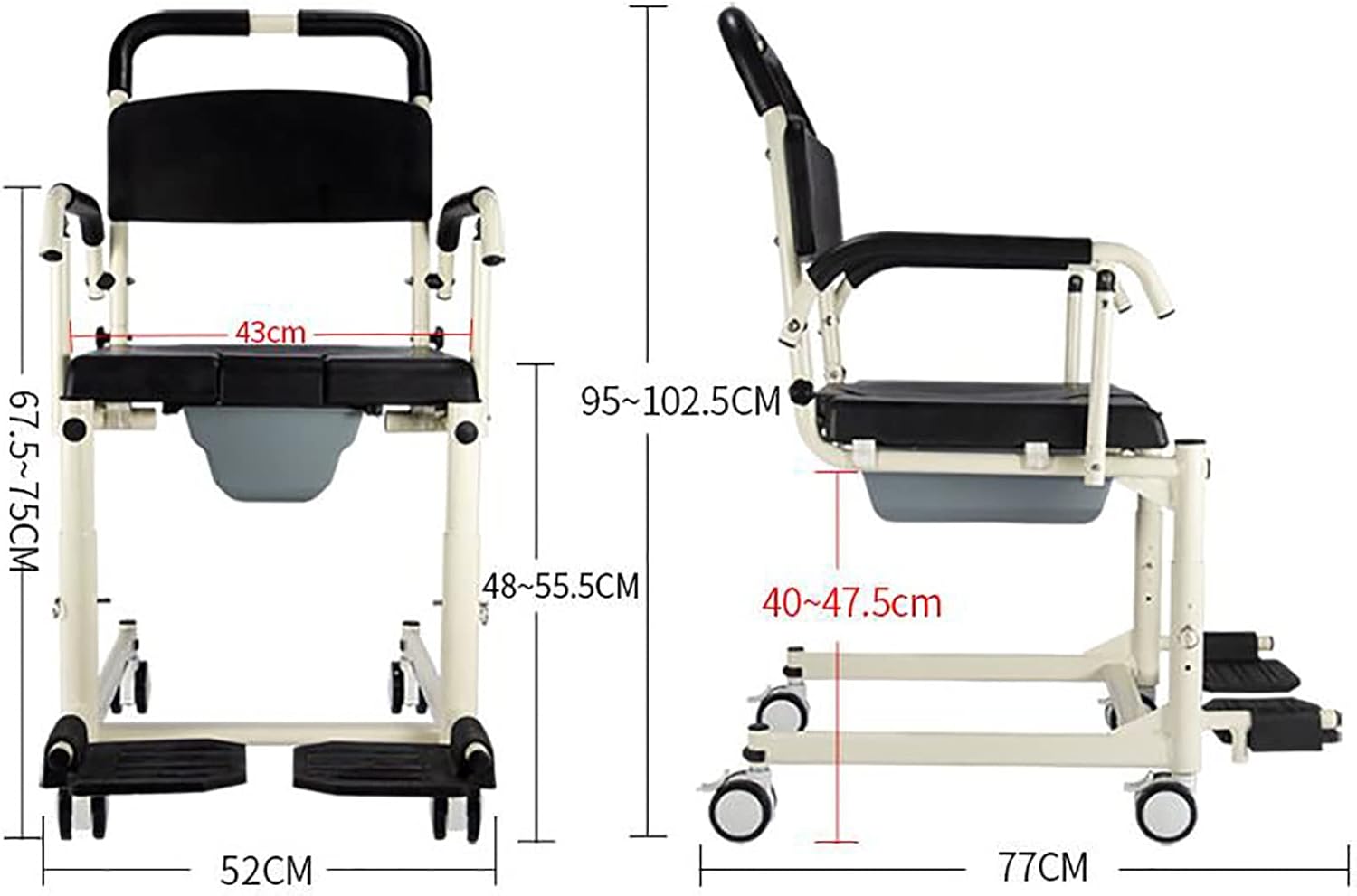 Shower Commode Wheelchair with Lockable Wheels, Drop Arms and Removable Pail, Adjustable Height J4416