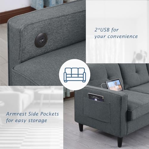 76inch Linen Grey 3 Seater L Shaped Sectional Sofa with Ottoman T166204