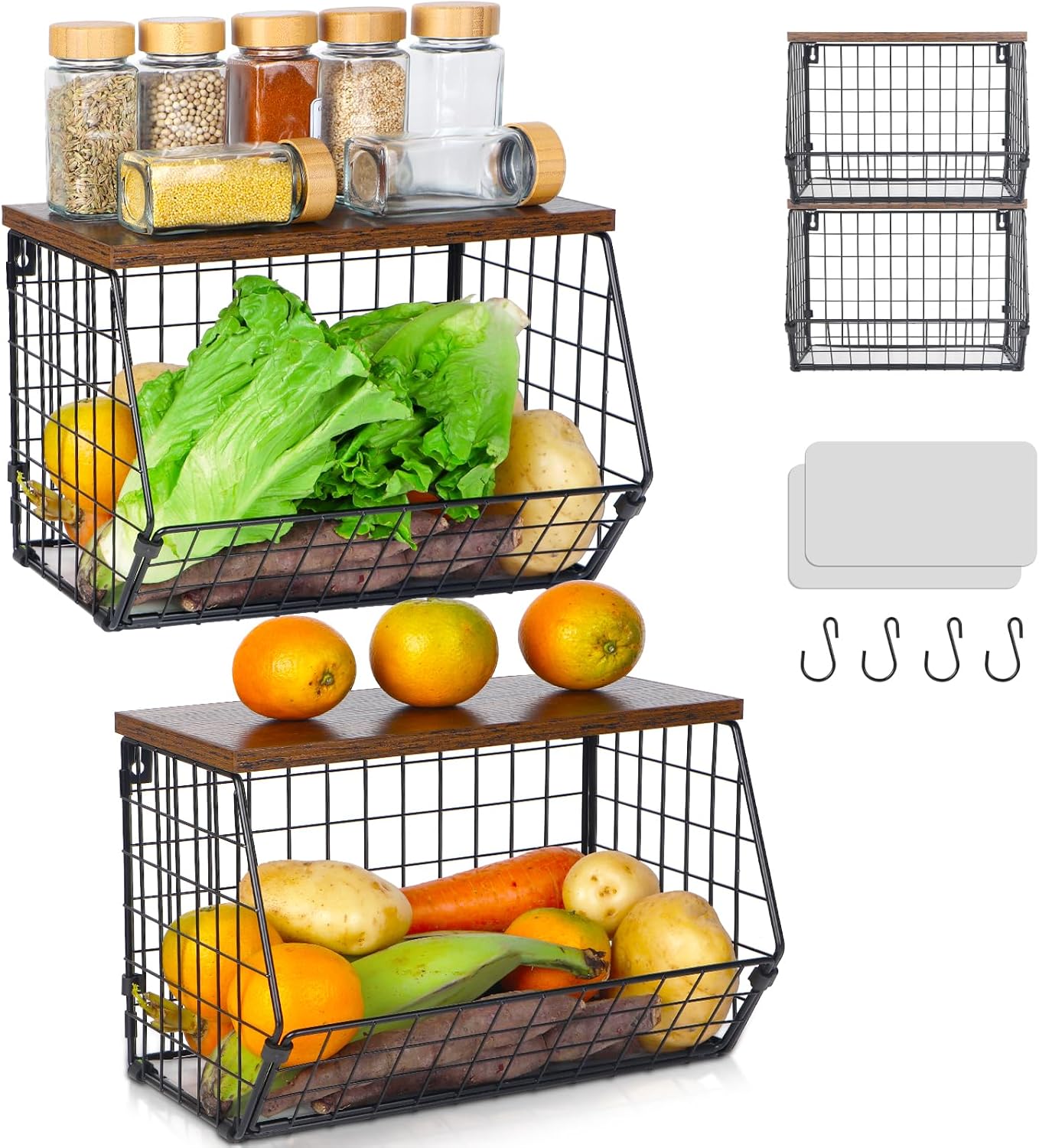 2 Tier Wire Fruit Basket with Wooden Lid M7618