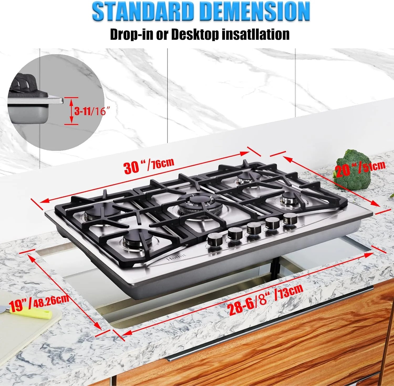 30 Inch 5 Burner Stainless Steel Propane Gas Cooktop J25825