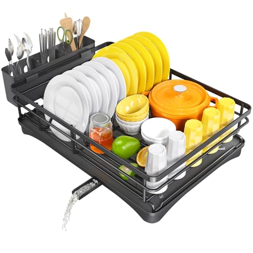 White Large Dish Rack with Drainboard and Utensil Holder S942790
