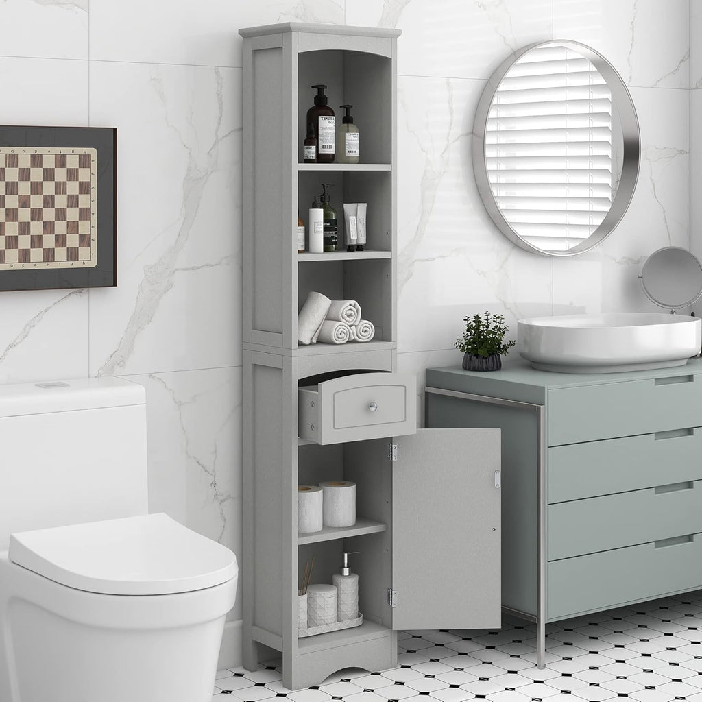 Grey Tall Slim Bathroom Storage Cabinet with 3-Tier Adjustable Shelf and 1 Drawer S365